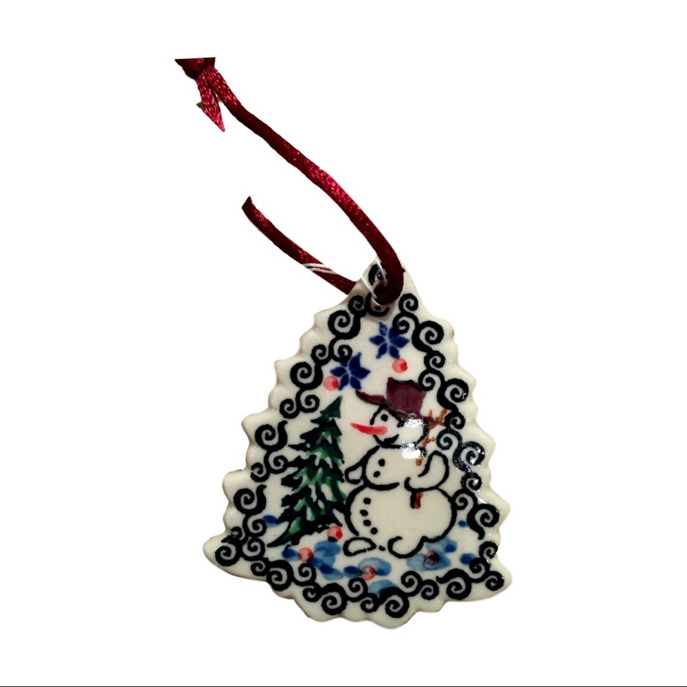 Polish Pottery Christmas Ornament w/Tree & Snowman